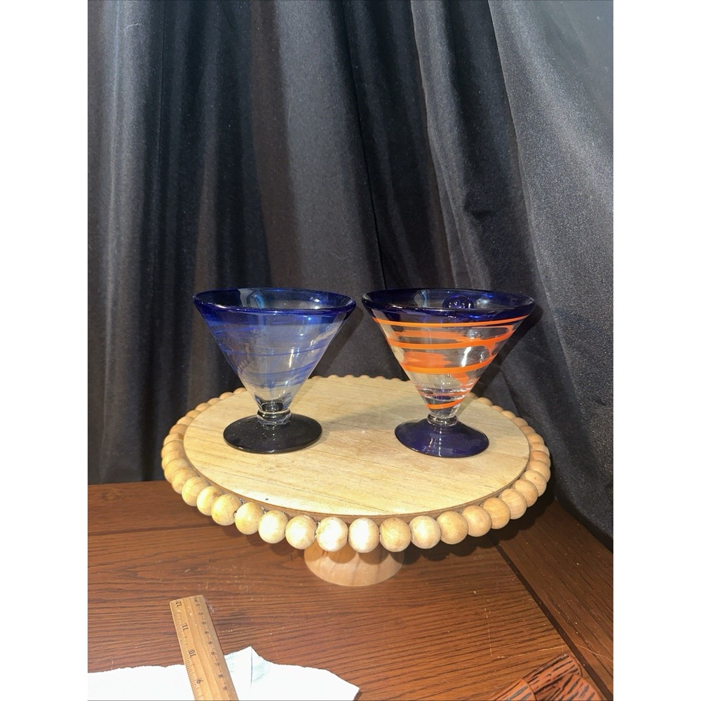 Costa Boda Hand Blown Martini glasses, W/Glass Medaline 5" Wx5"h Blue Cobalt